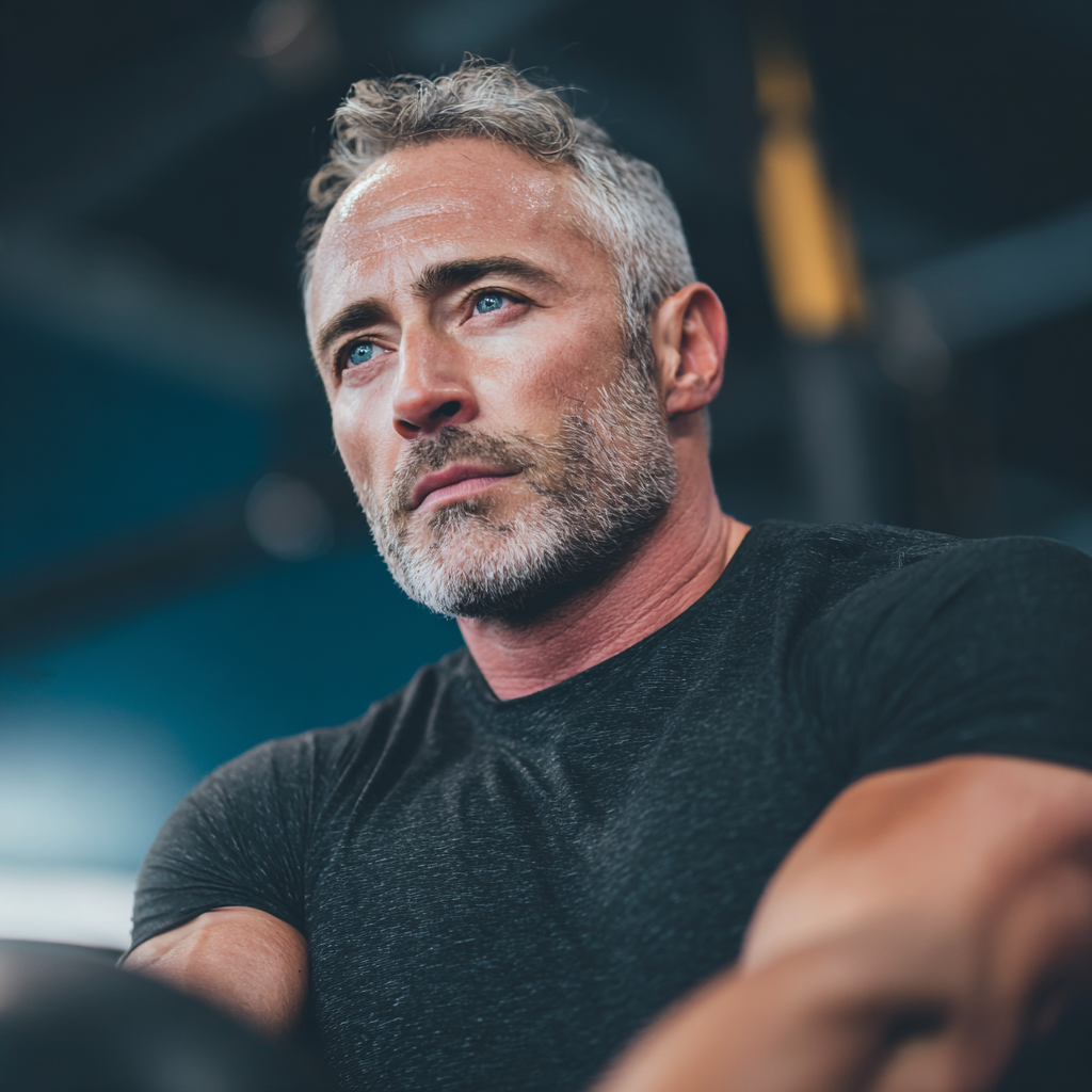 Middle-aged man training with focused determination in shunadark gym environment