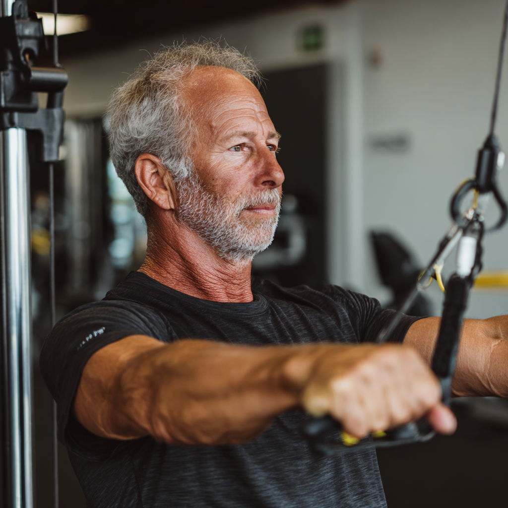 Older adult man demonstrating strength training exercise with perfect form at shunadark facility